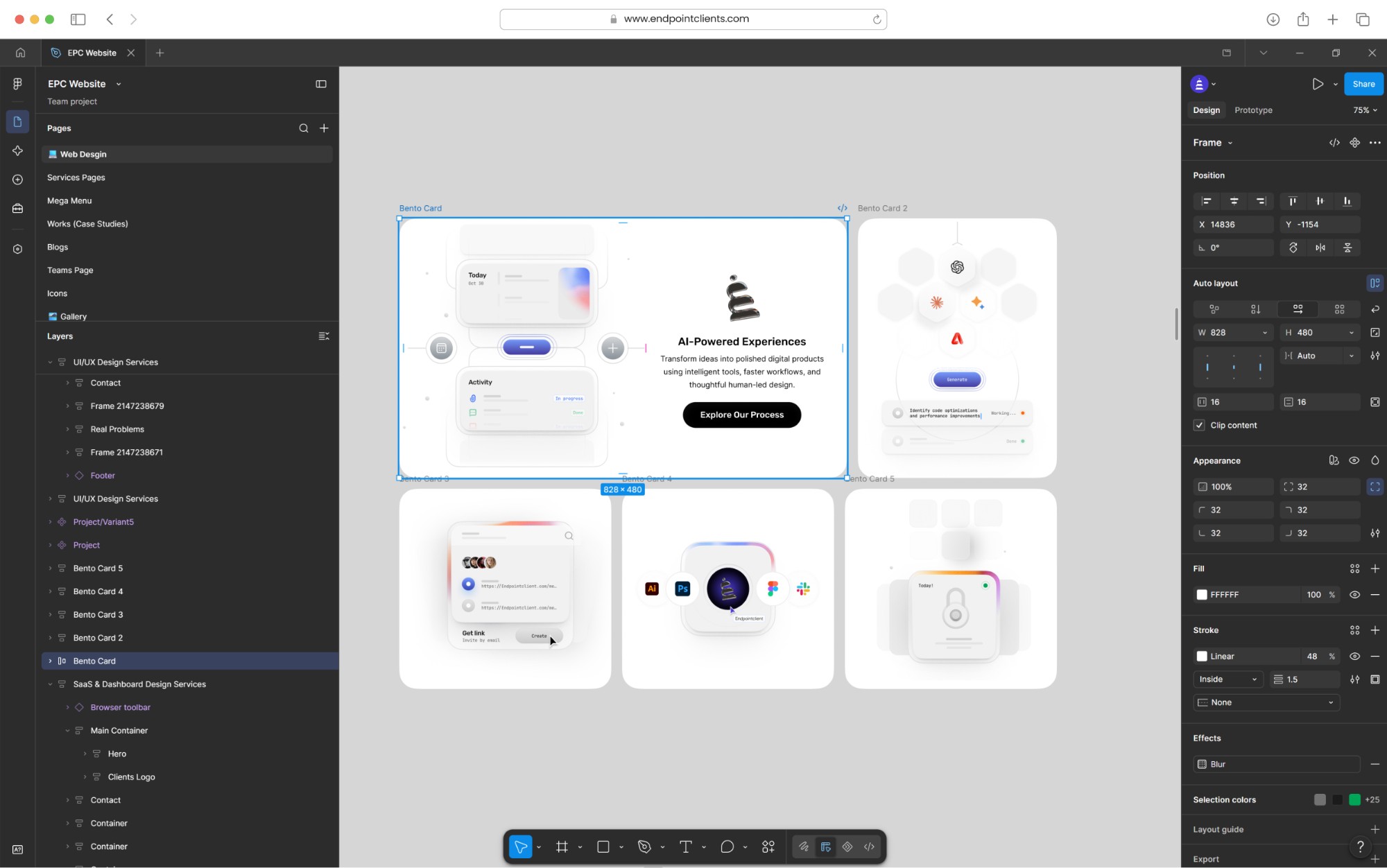 Endpoint Clients design system organised in Figma, with bento-card components ready for handoff